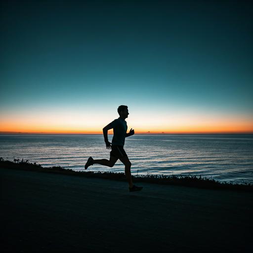 Runner sprinting along a coastal trail at twilight